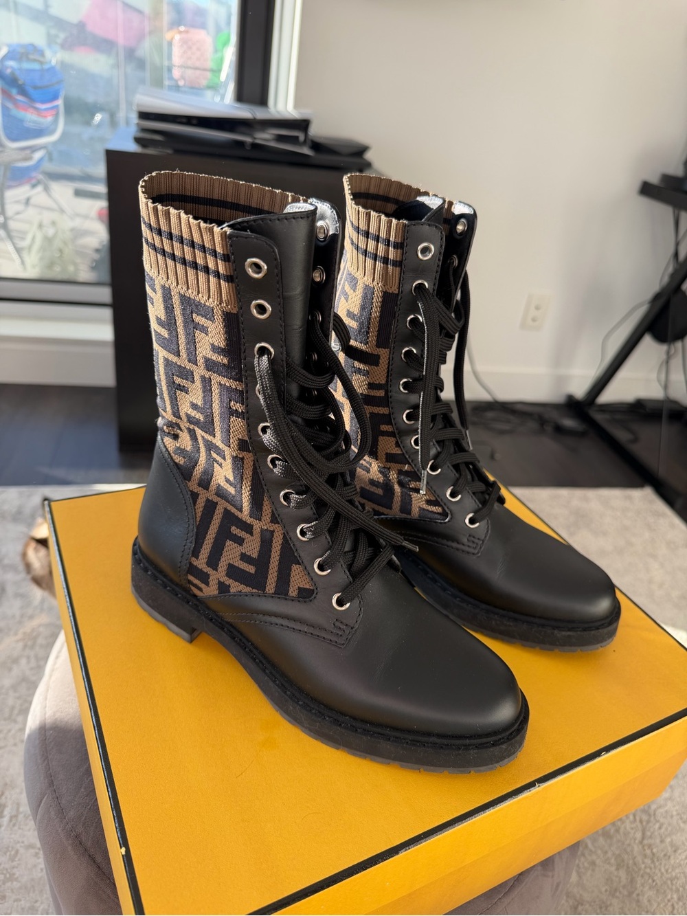 Fendi Black & Tan FF Logo Knit Combat Boots